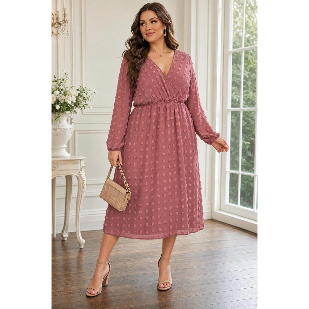 Women's Dusty Rose Midi Dress with Textured Dot Detail